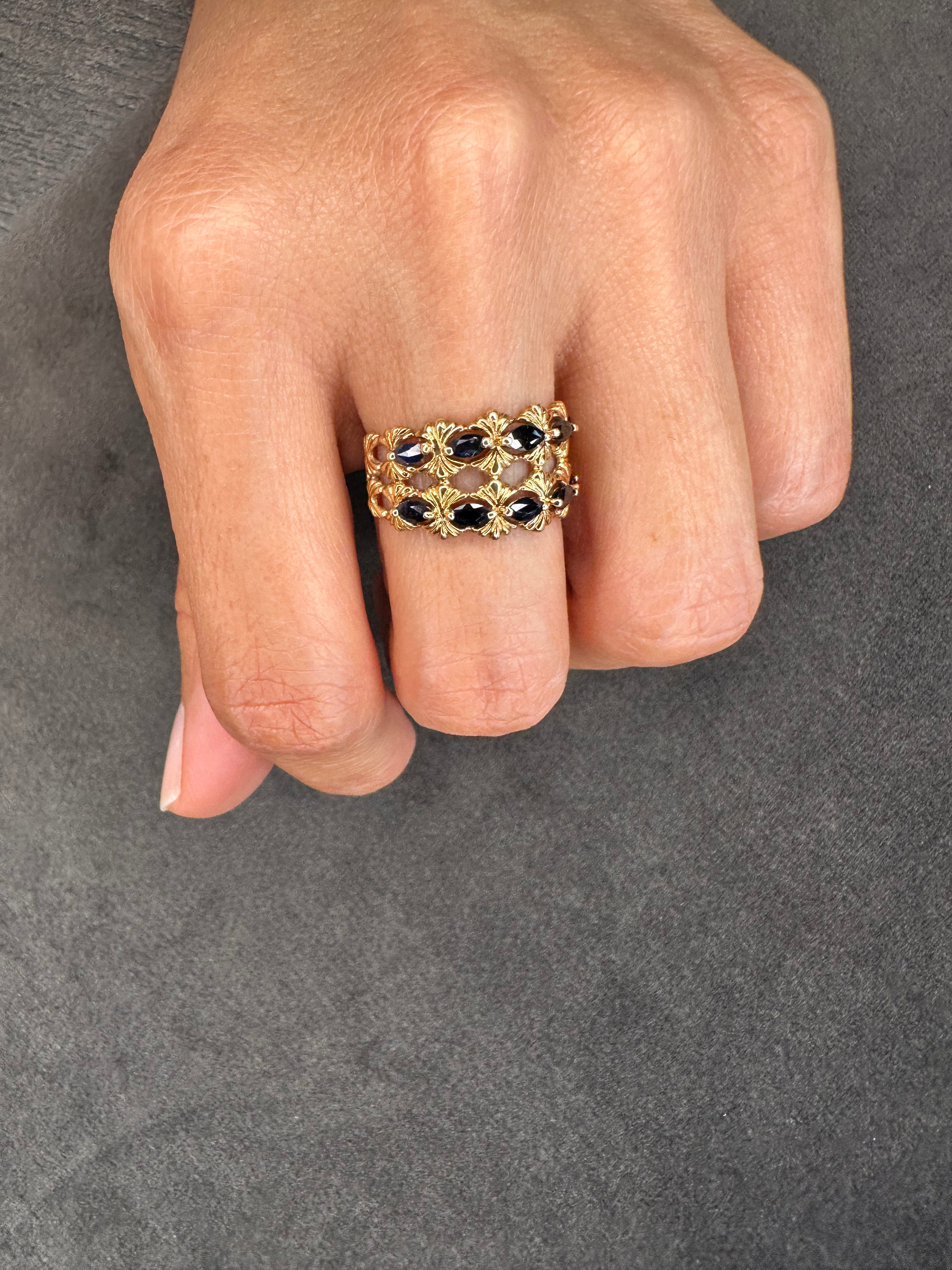Floral Design Blue Sapphire Double Band Gold Ring