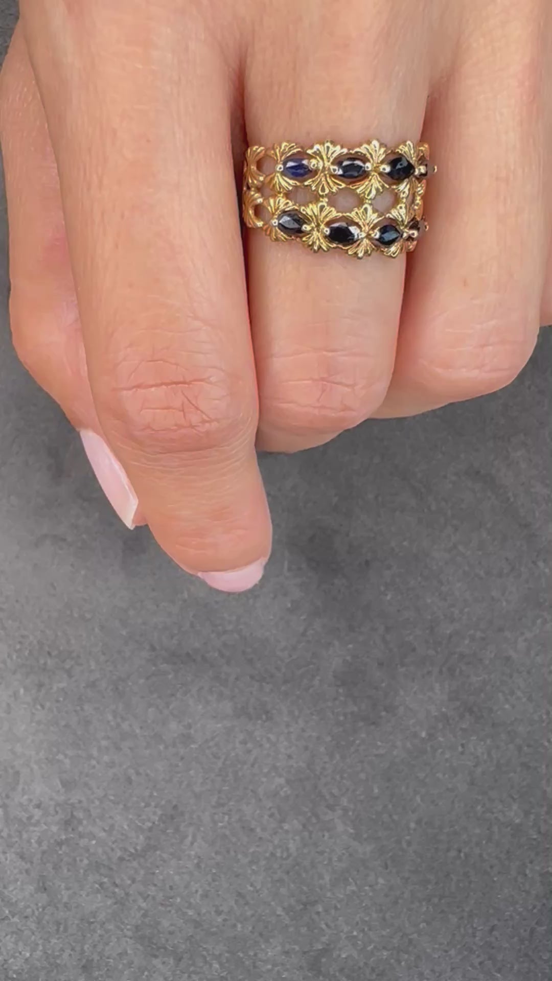 Floral Design Blue Sapphire Double Band Gold Ring
